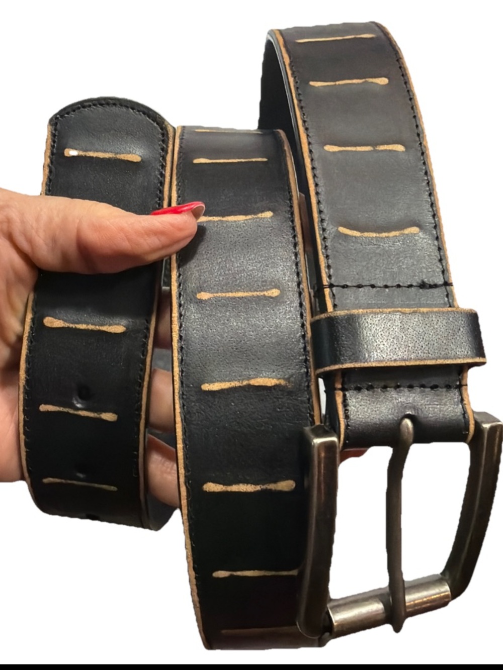 BROWN Leather BELT Tan Accents Edges Men’s XL 37-43” Waist silver Metal Buckle